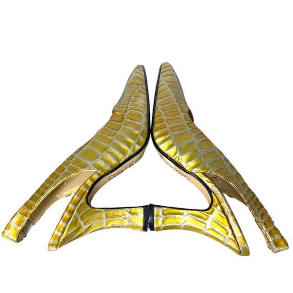 Vintage 90s Caressa Metallic Yellow Crocodile Skin Square Toe Slingback Heels 6 - Picture 5 of 11